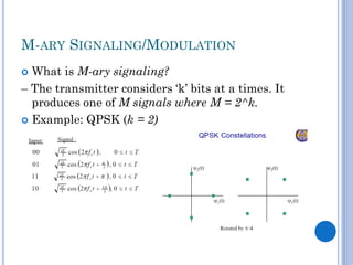 M-ARY SIGNALING/MODULATION
What is M-ary signaling?
– The transmitter considers ‘k’ bits at a times. It
produces one of M signals where M = 2^k.
 Example: QPSK (k = 2)


 