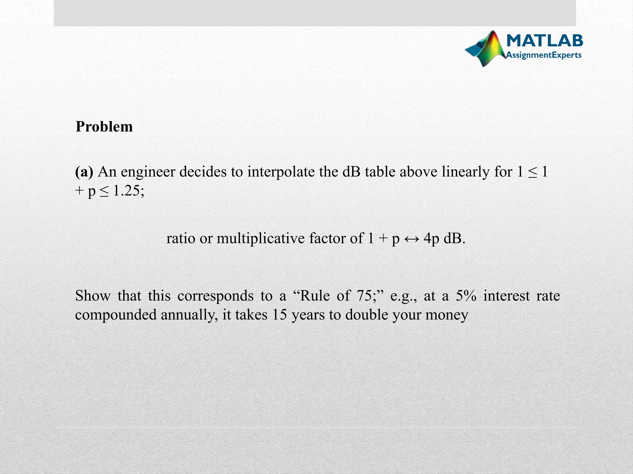 (a) An engineer decides to interpolate the dB table above linearly for 1 ≤ 1 + p ≤ 1.25; ratio or multiplicative factor of 1 + p ↔ 4p dB. Show that this corresponds to a “Rule of 75;” e.g., at a 5% interest rate compounded annually, it takes 15 years to double your money Problem 