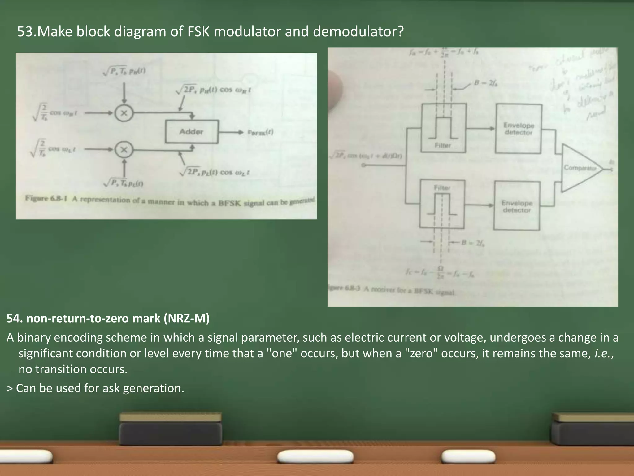 53.Make block diagram of FSK modulator and demodulator? 
54. non-return-to-zero mark (NRZ-M) 
A binary encoding scheme in which a signal parameter, such as electric current or voltage, undergoes a change in a 
significant condition or level every time that a "one" occurs, but when a "zero" occurs, it remains the same, i.e., 
no transition occurs. 
> Can be used for ask generation. 
 
