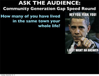 ASK THE AUDIENCE:
Community Generation Gap Speed Round
How many of you have lived
in the same town your
whole life?
Tuesday, December 16, 14
 