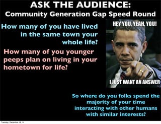 So where do you folks spend the
majority of your time
interacting with other humans
with similar interests?
ASK THE AUDIENCE:
Community Generation Gap Speed Round
How many of you have lived
in the same town your
whole life?
How many of you younger
peeps plan on living in your
hometown for life?
Tuesday, December 16, 14
 