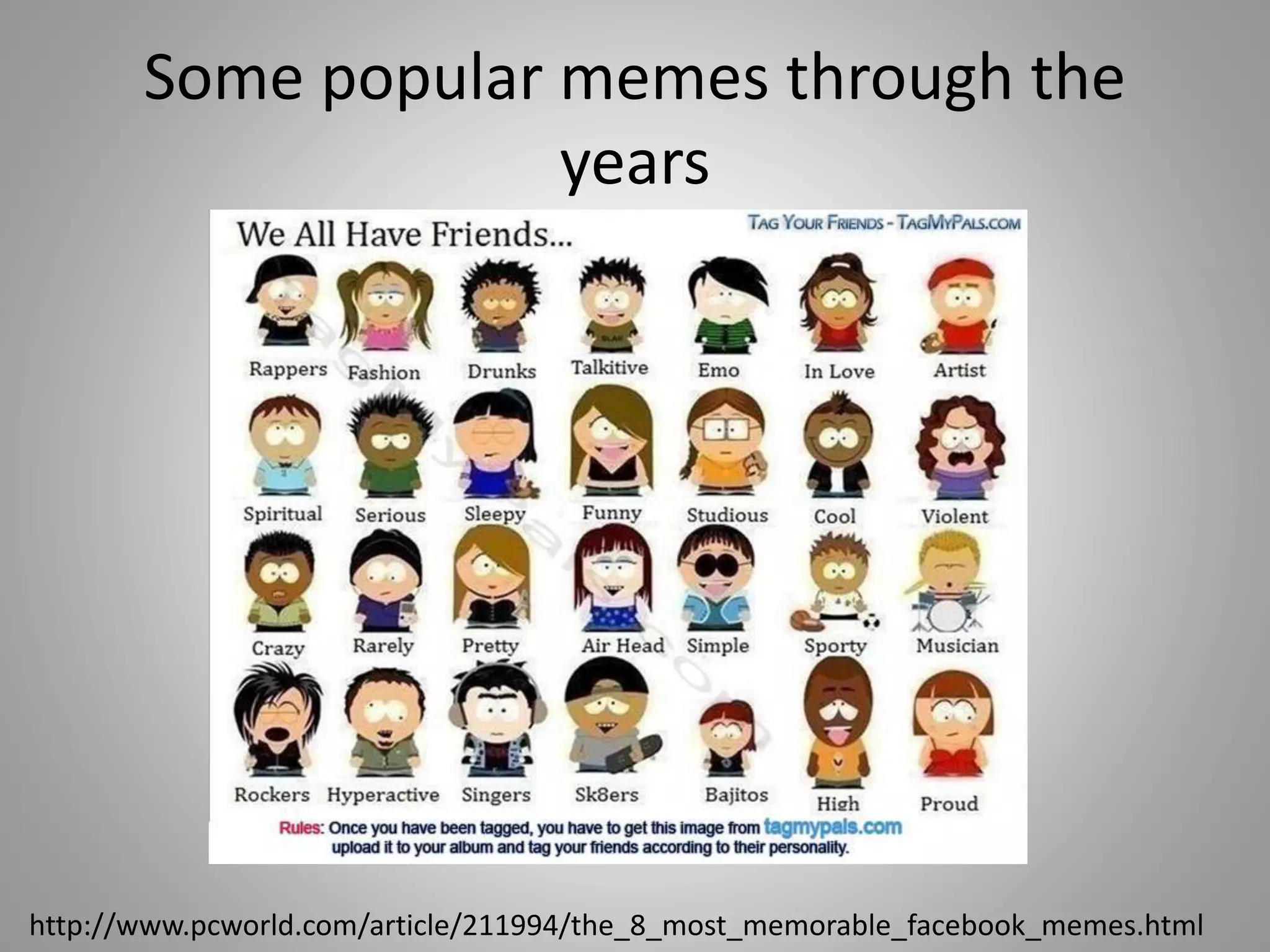 Some popular memes through the 
years 
http://www.pcworld.com/article/211994/the_8_most_memorable_facebook_memes.html 
 
