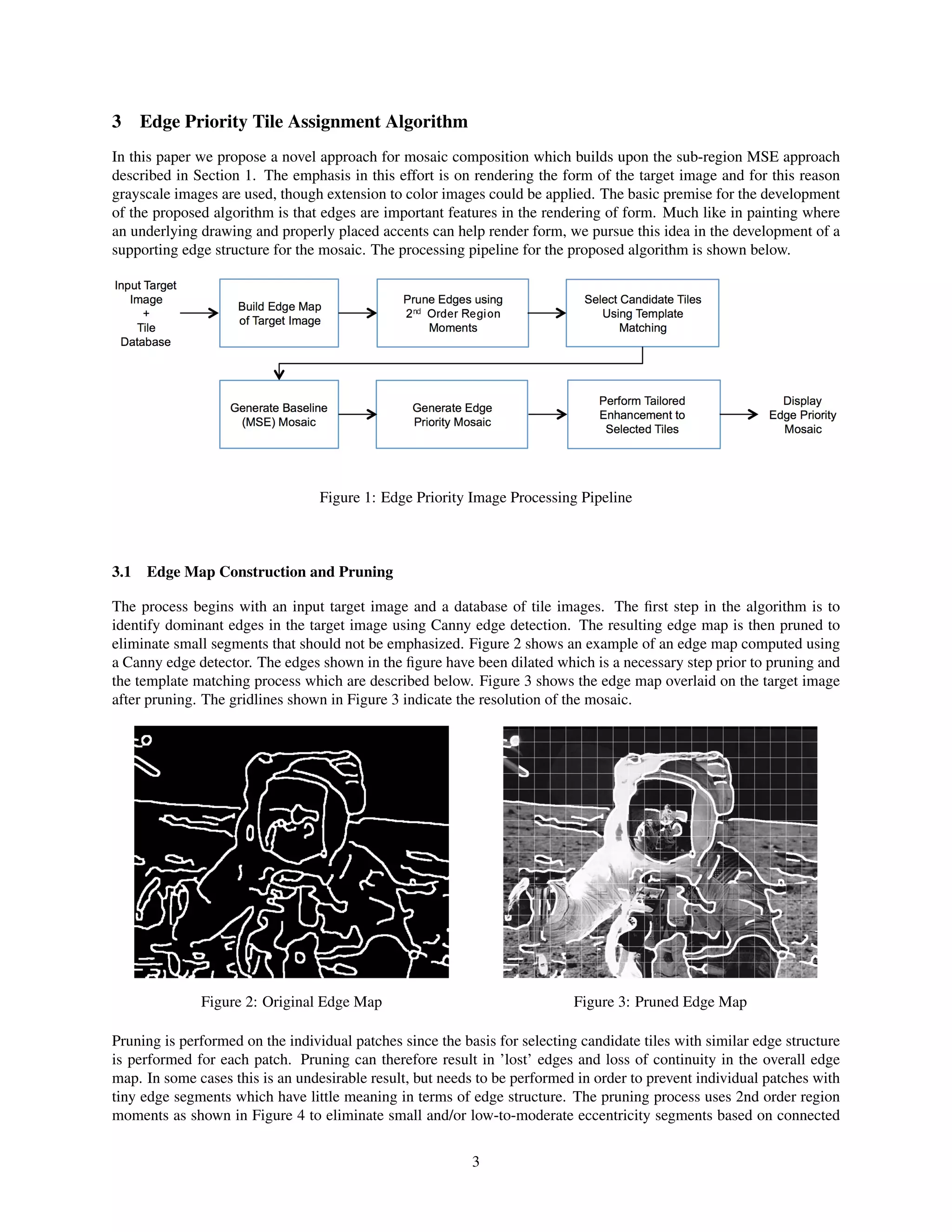 3 Edge Priority Tile Assignment Algorithm
In this paper we propose a novel approach for mosaic composition which builds upon the sub-region MSE approach
described in Section 1. The emphasis in this effort is on rendering the form of the target image and for this reason
grayscale images are used, though extension to color images could be applied. The basic premise for the development
of the proposed algorithm is that edges are important features in the rendering of form. Much like in painting where
an underlying drawing and properly placed accents can help render form, we pursue this idea in the development of a
supporting edge structure for the mosaic. The processing pipeline for the proposed algorithm is shown below.
Figure 1: Edge Priority Image Processing Pipeline
3.1 Edge Map Construction and Pruning
The process begins with an input target image and a database of tile images. The ﬁrst step in the algorithm is to
identify dominant edges in the target image using Canny edge detection. The resulting edge map is then pruned to
eliminate small segments that should not be emphasized. Figure 2 shows an example of an edge map computed using
a Canny edge detector. The edges shown in the ﬁgure have been dilated which is a necessary step prior to pruning and
the template matching process which are described below. Figure 3 shows the edge map overlaid on the target image
after pruning. The gridlines shown in Figure 3 indicate the resolution of the mosaic.
Figure 2: Original Edge Map Figure 3: Pruned Edge Map
Pruning is performed on the individual patches since the basis for selecting candidate tiles with similar edge structure
is performed for each patch. Pruning can therefore result in ’lost’ edges and loss of continuity in the overall edge
map. In some cases this is an undesirable result, but needs to be performed in order to prevent individual patches with
tiny edge segments which have little meaning in terms of edge structure. The pruning process uses 2nd order region
moments as shown in Figure 4 to eliminate small and/or low-to-moderate eccentricity segments based on connected
3
 