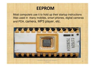 EEPROM 
Most computers use it to hold up their startup instructions 
Also used in many mobiles, smart phones, digital cameras 
and PDA, camera, MP3 player, etc. 
36 
Simplified concepts by Er. Swapnil V. 
Kaware 
 