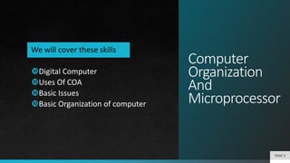 Computer
Organization
And
Microprocessor
Digital Computer
Uses Of COA
Basic Issues
Basic Organization of computer
We w...