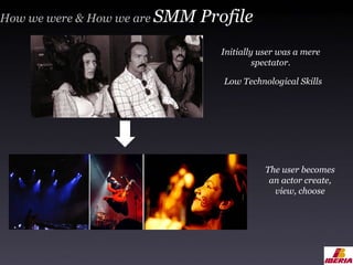 How we were & How we are  SMM Profile Initially user was a mere spectator . Low Technological Skills The user becomes an actor create, view, choose 