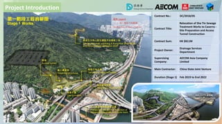 Contract No.: DC/2018/05
Contract Title:
Relocation of Sha Tin Sewage 
Treatment Works to Caverns ‐
Site Preparation and Access 
Tunnel Construction
Contract Sum: HK $811M
Project Owner:
Drainage Services 
Department
Supervising 
Company:
AECOM Asia Company 
Limited
Main Contractor: China State Joint Venture
Duration (Stage 1) Feb 2019 to End 2022
Project Introduction
 