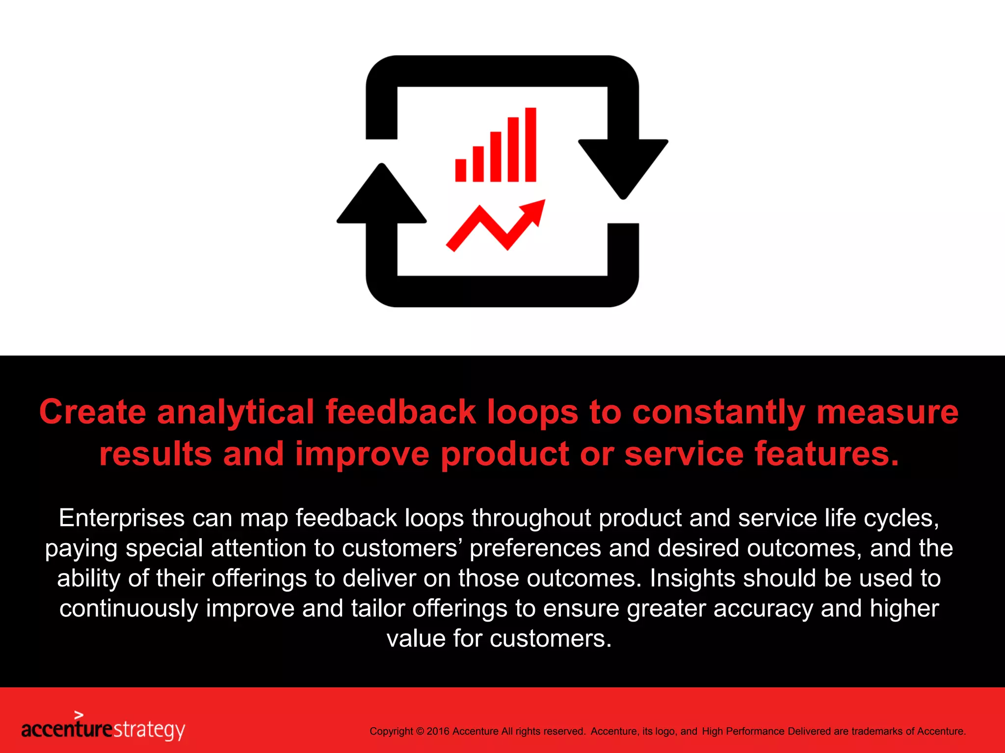 Copyright © 2016 Accenture All rights reserved. Accenture, its logo, and High Performance Delivered are trademarks of Accenture.
Create analytical feedback loops to constantly measure
results and improve product or service features.
Enterprises can map feedback loops throughout product and service life cycles,
paying special attention to customers’ preferences and desired outcomes, and the
ability of their offerings to deliver on those outcomes. Insights should be used to
continuously improve and tailor offerings to ensure greater accuracy and higher
value for customers.
 
