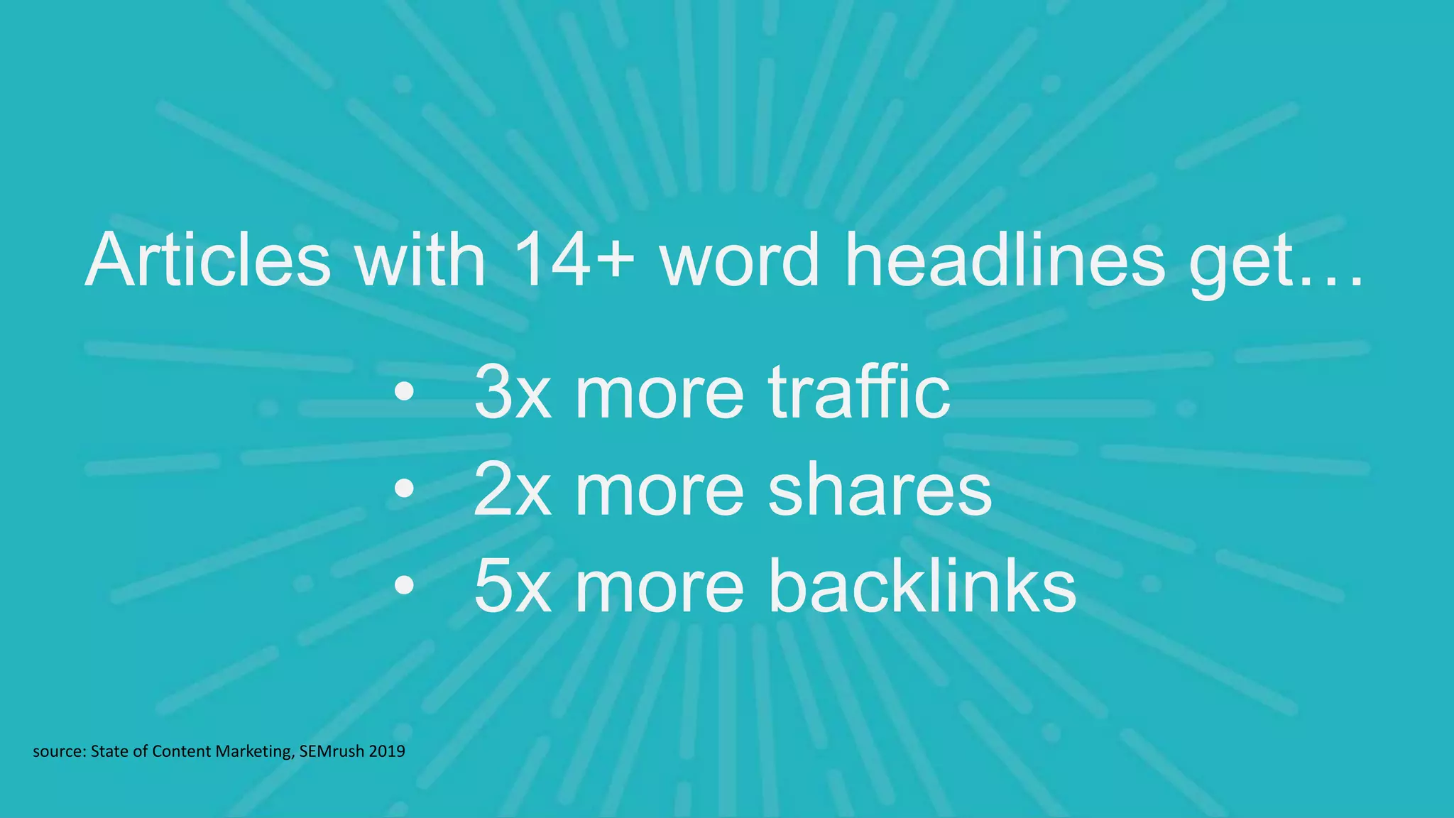 Articles with 14+ word headlines get…
• 3x more traffic
• 2x more shares
• 5x more backlinks
source: State of Content Marketing, SEMrush 2019
 