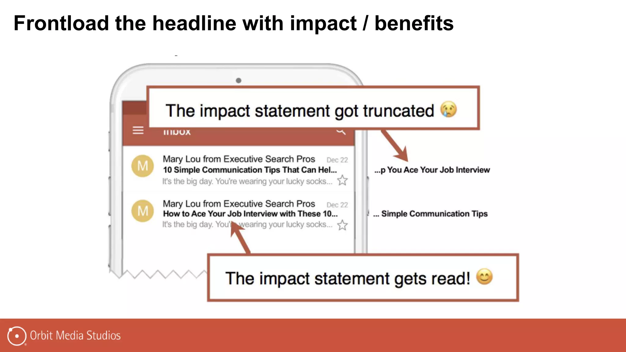 Frontload the headline with impact / benefits
 