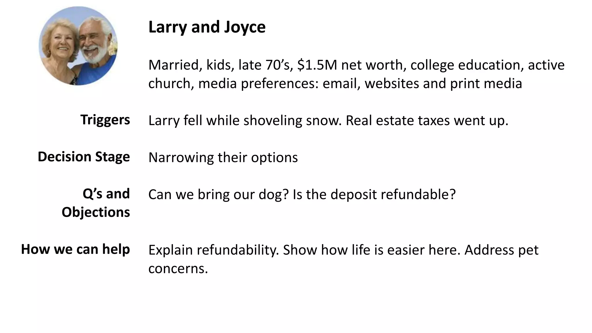 Larry and Joyce
Married, kids, late 70’s, $1.5M net worth, college education, active
church, media preferences: email, websites and print media
Larry fell while shoveling snow. Real estate taxes went up.
Narrowing their options
Can we bring our dog? Is the deposit refundable?
Explain refundability. Show how life is easier here. Address pet
concerns.
Triggers
Decision Stage
Q’s and
Objections
How we can help
 