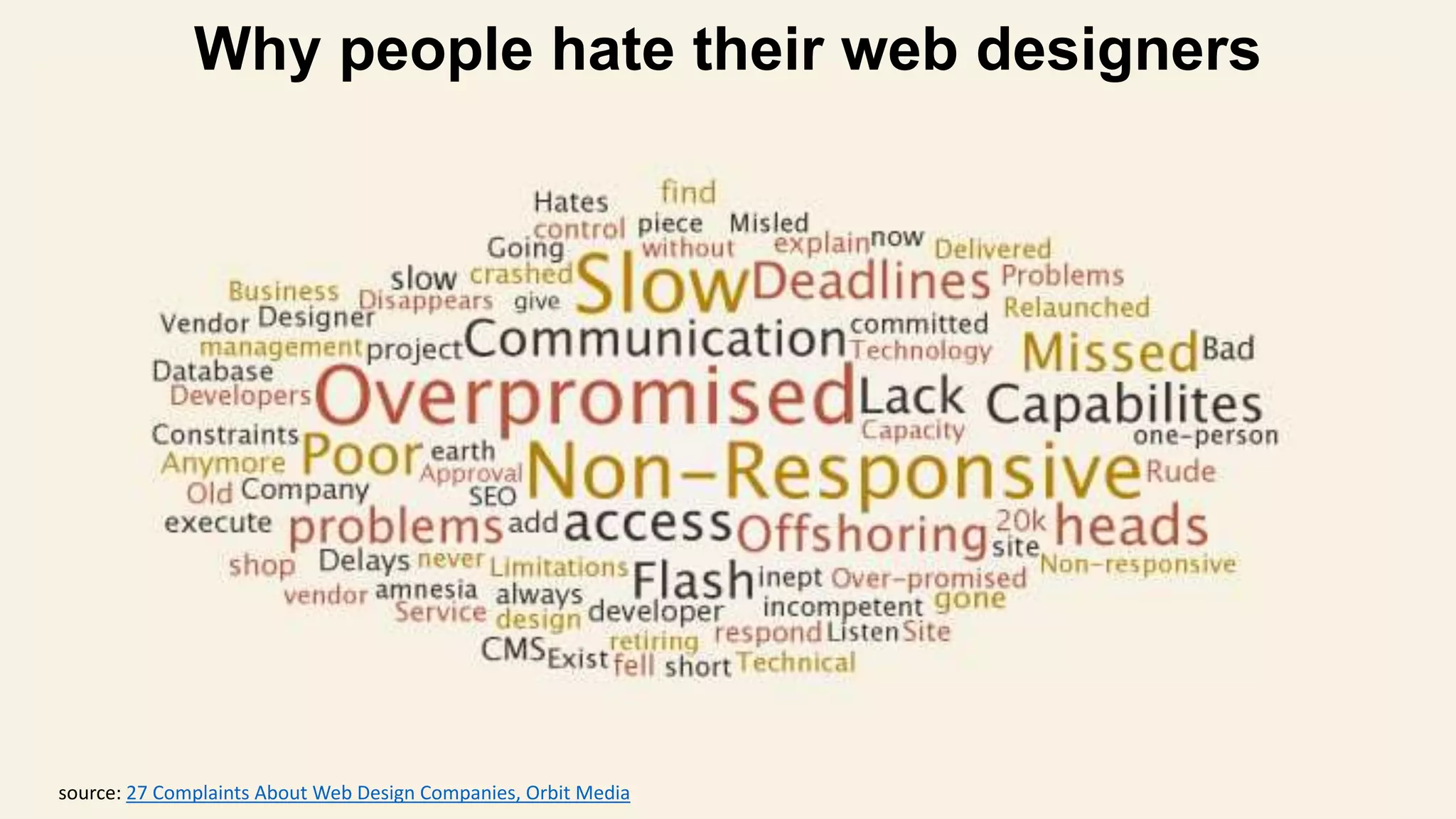 source: 27 Complaints About Web Design Companies, Orbit Media
Why people hate their web designers
 