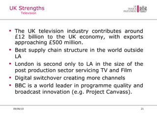 UK Strengths  Television  The UK television industry contributes around £12 billion to the UK economy, with exports approaching £500 million.  Best supply chain structure in the world outside LA London is second only to LA in the size of the post production sector servicing TV and Film Digital switchover creating more channels  BBC is a world leader in programme quality and broadcast innovation (e.g. Project Canvass). 09/06/10 