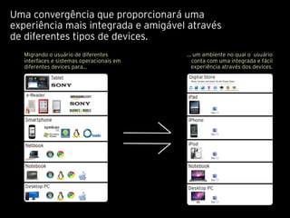 Uma convergência que proporcionará uma
experiência mais integrada e amigável através
de diferentes tipos de devices.
   Migrando o usuário de diferentes        ... um ambiente no qual o usuário
   interfaces e sistemas operacionais em      conta com uma integrada e fácil
   diferentes devices para...                 experiência através dos devices.
 