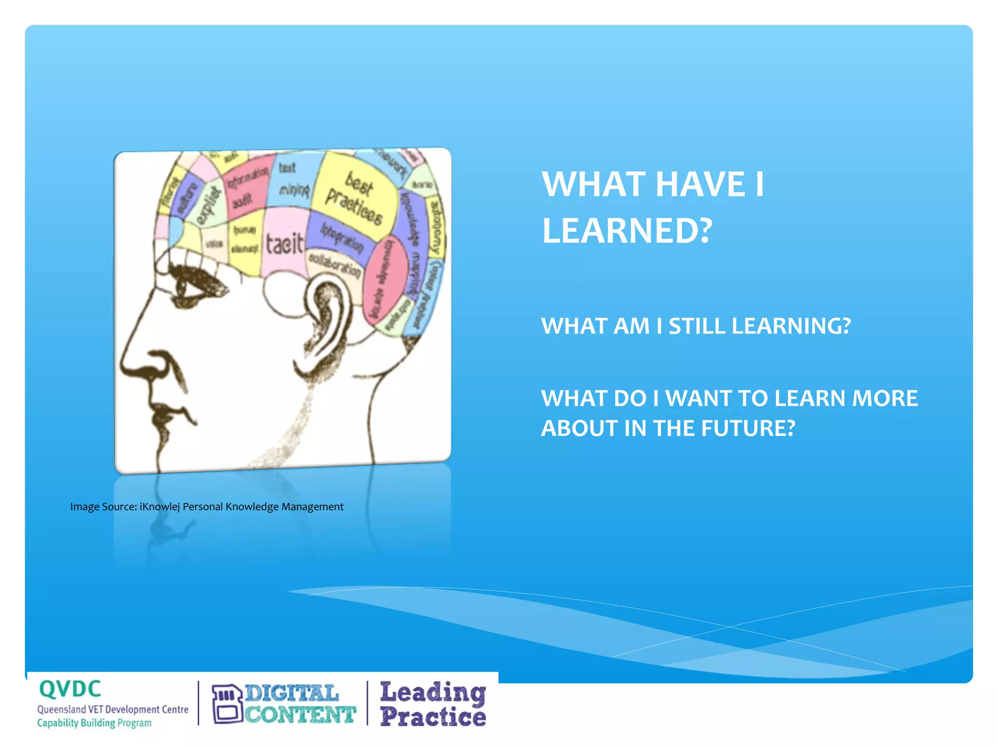 WHAT HAVE I
                                                       LEARNED?

                                                       WHAT AM I STILL LEARNING?

                                                       WHAT DO I WANT TO LEARN MORE
                                                       ABOUT IN THE FUTURE?

Image Source: iKnowlej Personal Knowledge Management
 