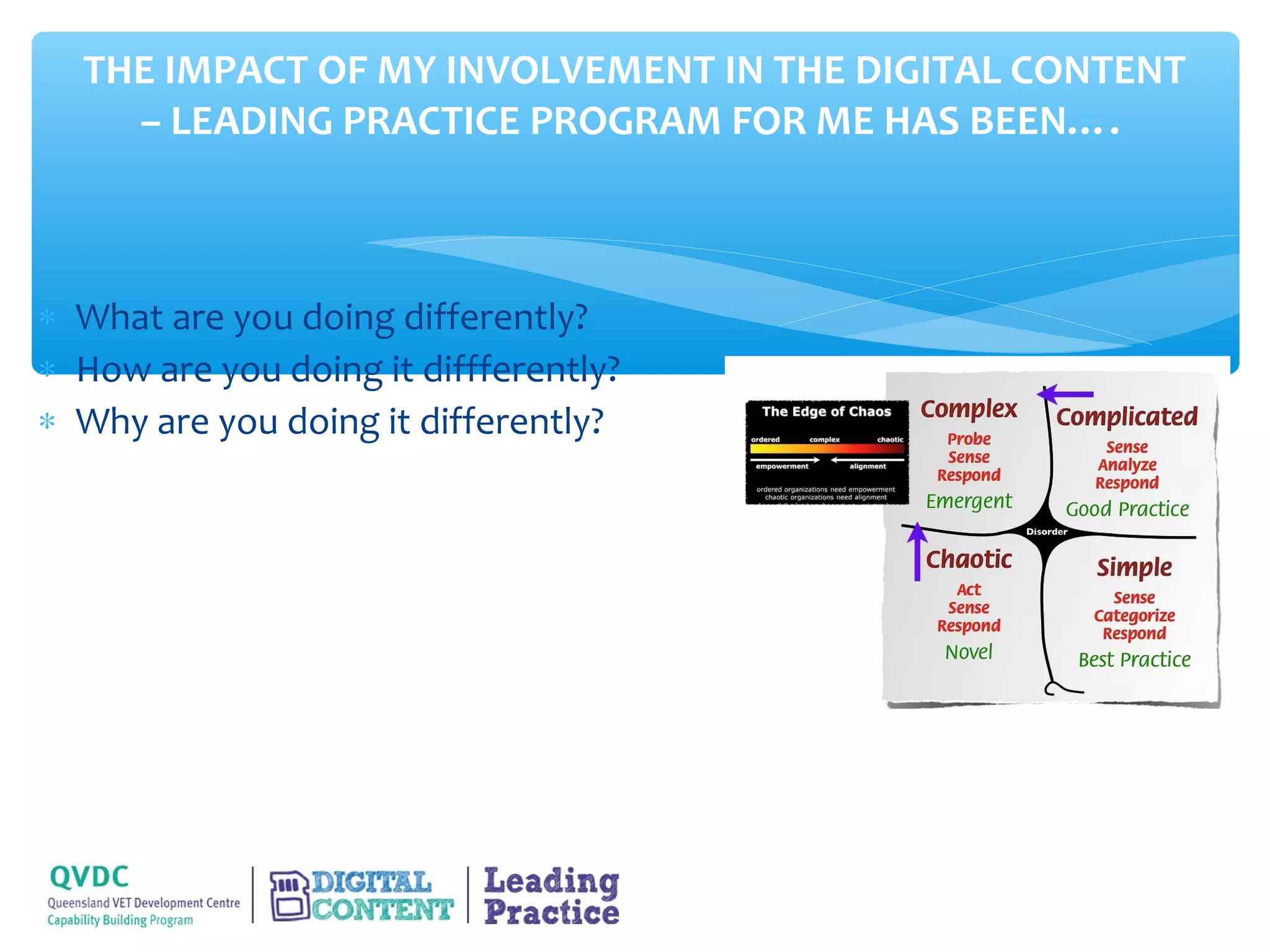 THE IMPACT OF MY INVOLVEMENT IN THE DIGITAL CONTENT
    – LEADING PRACTICE PROGRAM FOR ME HAS BEEN….



∗ What are you doing differently?
∗ How are you doing it diffferently?
∗ Why are you doing it differently?
 