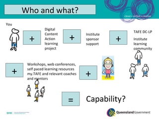 Who and what?
You
                 Digital
                                                       TAFE DC-LP
                               +
                 Content               Institute
        +        Action
                 learning
                                       sponsor
                                       support
                                                   +   Institute
                                                       learning
                 project                               community


       Workshops, web conferences,

  +    self paced learning resources
       my.TAFE and relevant coaches    +
       and mentors




                               =       Capability?
 