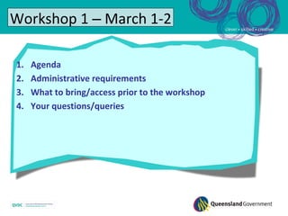Workshop 1 – March 1-2

1.   Agenda
2.   Administrative requirements
3.   What to bring/access prior to the workshop
4.   Your questions/queries
 