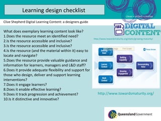 Learning design checklist
Clive Shepherd Digital Learning Content: a designers guide

What does exemplary learning content look like?
1.Does the resource meet an identified need?
                                                             http://www.towardsmaturity.org/static/growing-maturity/
2.Is the resource accessible and inclusive?
3.Is the resource accessible and inclusive?
4.Is the resource (and the material within it) easy to
locate and navigate?
5.Does the resource provide valuable guidance and
information for learners, managers and L&D staff?
6.Does it provide adequate flexibility and support for
those who design, deliver and support learning
interventions?
7.Does it engage learners?
8.Does it enable effective learning?
9.Does it track progression and achievement?                    http://www.towardsmaturity.org/
10.Is it distinctive and innovative?
 