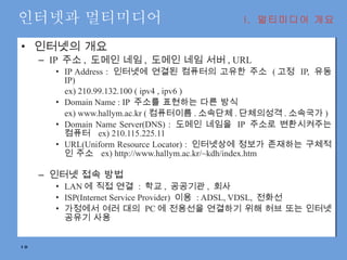 인터넷과 멀티미디어 인터넷의 개요 IP  주소 ,  도메인 네임 ,  도메인 네임 서버 , URL IP Address :  인터넷에 연결된 컴퓨터의 고유한 주소  ( 고정  IP,  유동  IP) ex) 210.99.132.100 ( ipv4 , ipv6 ) Domain Name : IP  주소를 표현하는 다른 방식 ex) www.hallym.ac.kr ( 컴퓨터이름 . 소속단체 . 단체의성격 . 소속국가 ) Domain Name Server(DNS) :  도메인 네임을  IP  주소로 변환시켜주는 컴퓨터  ex) 210.115.225.11 URL(Uniform Resource Locator) :  인터넷상에 정보가 존재하는 구체적인 주소  ex) http://www.hallym.ac.kr/~kdh/index.htm 인터넷 접속 방법 LAN 에 직접 연결  :  학교 ,  공공기관 ,  회사 ISP(Internet Service Provider)  이용  : ADSL, VDSL,  전화선 가정에서 여러 대의  PC 에 전용선을 연결하기 위해 허브 또는 인터넷 공유기 사용 I.  멀티미디어 개요 