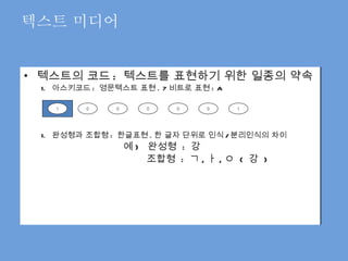 텍스트의 코드 :  텍스트를 표현하기 위한 일종의 약속 아스키코드 :  영문텍스트 표현 . 7 비트로 표현 : A 완성형과 조합형 :  한글표현 . 한 글자 단위로 인식 / 분리인식의 차이 예 )  완성형  :  강   조합형  :  ㄱ , ㅏ , ㅇ  (  강  ) 텍스트 미디어 1 0 0 0 0 0 1 