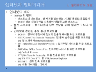 인터넷과 멀티미디어 인터넷의 개요 Internet 의 정의 네트워크의 네트워크 ,  전 세계를 망라하는 거대한 통신망의 집합체 TCP/IP 라는 전송규약을 사용하여 연결된 모든 네트워크 통신 프로토콜  :  컴퓨터간의 정보 전달을 위해 필요한 규칙의 집합 인터넷과 관련된 주요 통신 프로토콜 TCP/IP :  인터넷 환경에서 정보의 전송과 제어를 위한 프로토콜 HTTP(Hyper Text Transfer Protocol) :  웹 문서 송수신을 위한 프로토콜 ex)  웹 브라우저 (Internet Explorer) SMTP(Simple Mail Transfer Protocol) :  전자우편 서비스를 위한 프로토콜 POP3(Post Office Protocol 3) :  전자우편 서비스를 위한 프로토콜 ex) Outlook Express FTP(File Transfer Protocol) :  파일 전송을 위한 프로토콜 ex) WS FTP, Cute FTP,  알  FTP, Internet Explorer TELNET :  원격 접속 프로토콜 ex)  새롬 데이터맨 ,  이야기 I.  멀티미디어 개요 