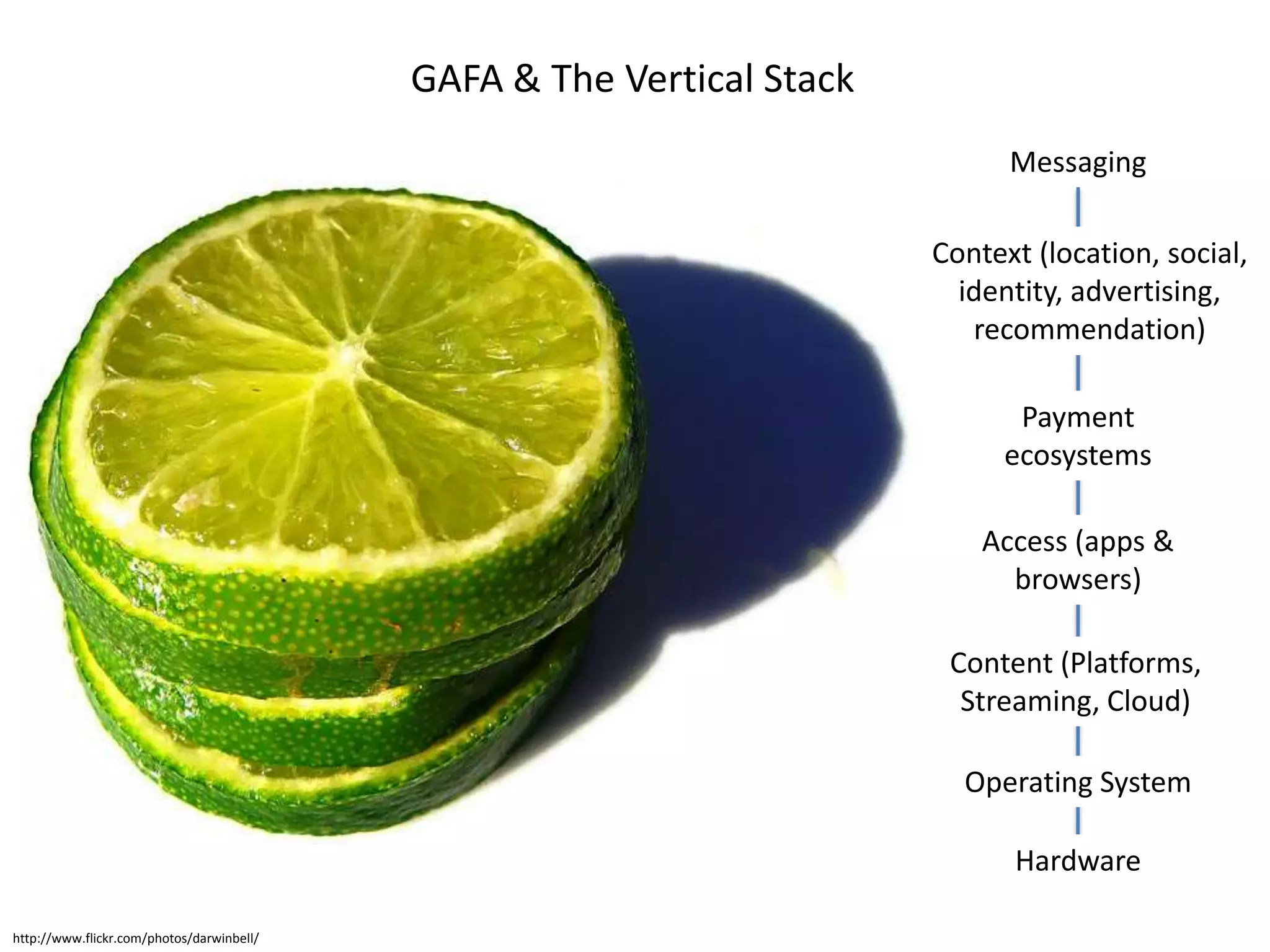 GAFA & The Vertical Stack
                                                                             Messaging

                                                                       Context (location, social,
                                                                         identity, advertising,
                                                                          recommendation)

                                                                             Payment
                                                                            ecosystems

                                                                           Access (apps &
                                                                             browsers)

                                                                        Content (Platforms,
                                                                         Streaming, Cloud)

                                                                         Operating System

                                                                             Hardware

http://www.flickr.com/photos/darwinbell/
 