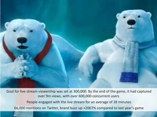 Goal for live stream viewership was set at 300,000. By the end of the game, it had captured
                    over 9m views, with over 600,000 concurrent users
            People engaged with the live stream for an average of 28 minutes
    66,000 mentions on Twitter, brand buzz up +2067% compared to last year’s game
 
