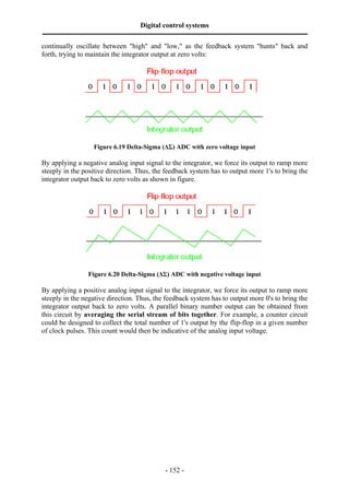 Digital control systems
‫ــــــــــــــــــــــــــــــــــــــــــــــــــــــــــــــــــــــــــــــــــــــــــــــــــــــــــــــــــــــــــــــــــــــــــــــــــــــــــــــــــــــــــــــــــــــــــــــ‬
- 152 -
continually oscillate between "high" and "low," as the feedback system "hunts" back and
forth, trying to maintain the integrator output at zero volts:
Figure 6.19 Delta-Sigma (∆Σ) ADC with zero voltage input
By applying a negative analog input signal to the integrator, we force its output to ramp more
steeply in the positive direction. Thus, the feedback system has to output more 1's to bring the
integrator output back to zero volts as shown in figure.
Figure 6.20 Delta-Sigma (∆Σ) ADC with negative voltage input
By applying a positive analog input signal to the integrator, we force its output to ramp more
steeply in the negative direction. Thus, the feedback system has to output more 0's to bring the
integrator output back to zero volts. A parallel binary number output can be obtained from
this circuit by averaging the serial stream of bits together. For example, a counter circuit
could be designed to collect the total number of 1's output by the flip-flop in a given number
of clock pulses. This count would then be indicative of the analog input voltage.
 