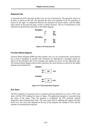 Digital control systems
‫ــــــــــــــــــــــــــــــــــــــــــــــــــــــــــــــــــــــــــــــــــــــــــــــــــــــــــــــــــــــــــــــــــــــــــــــــــــــــــــــــــــــــــــــــــــــــــــــ‬
- 162 -
Statement list
A statement list (STL) provides another view of a set of instructions. The operation, what is to
be done, is shown on the left. The operand, the item to be operated on by the operation, is
shown on the right. A comparison between the statement list shown below, and the ladder
logic shown on the previous page, reveals a similar structure. The set of instructions in this
statement list perform the same task as the ladder diagram.
Figure 6.36 Statement list
Function Block Diagram
Function Block Diagram (FBD) provides another view of a set of instructions. Each function
has a name to designate its specific task. Functions are indicated by a rectangle. Inputs are
shown on the left-hand side of the rectangle and outputs are shown on the right-hand side.
The function block diagram shown below performs the same function as shown by the ladder
diagram and statement list.
Figure 6.37 Functional block diagram
PLC Scan
The PLC program is executed as part of a repetitive process referred to as a scan. A PLC scan
starts with the CPU reading the status of inputs. The application program is executed using
the status of the inputs. Once the program is completed, the CPU performs internal
diagnostics and communication tasks. The scan cycle ends by updating the outputs and then
starts over. The cycle time depends on the size of the program, the number of I/Os, and the
amount of communication required.
 