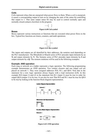 Digital control systems
‫ــــــــــــــــــــــــــــــــــــــــــــــــــــــــــــــــــــــــــــــــــــــــــــــــــــــــــــــــــــــــــــــــــــــــــــــــــــــــــــــــــــــــــــــــــــــــــــــ‬
- 165 -
Coils
Coils represent relays that are energized when power flows to them. When a coil is energized,
it causes a corresponding output to turn on by changing the state of the status bit controlling
that output to 1. That same output status bit may be used to control normally open and
normally closed contacts elsewhere in the program.
Figure 6.40 Coil symbol
Boxes
Boxes represent various instructions or functions that are executed when power flows to the
box. Typical box functions are timers, counters, and math operations.
Figure 6.41 Box symbol
The inputs and outputs are all identified by their addresses, the notation used depending on
the PLC manufacturer. The Mitsubishi or Hitachi series of PLC precedes input elements by an
X and output elements by Y. The Siemens series of PLC precedes input elements by I and
output elements by a Q. The siemens notations will be used in the following examples.
Example: AND operation
Each rung or network on a ladder represents a logic operation. The following programming
example demonstrates an AND operation. Two contact closures and one output coil are
placed on network 1. They were assigned addresses I0.0, I0.1, and Q0.0. Note that in the
statement list a new logic operation always begins with a load instruction (LD). In this
example I0.0 (input 1) and (A in the statement list) I0.1 (input 2) must be true in order for
output Q0.0 (output 1) to be true. It can also be seen That I0.0 and I0.1 must be true for Q0.0
to be true by looking at the function block diagram representation.
Figure 6.42 AND operation
 