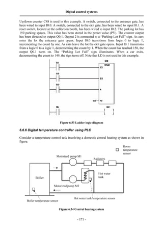 Digital control systems
‫ــــــــــــــــــــــــــــــــــــــــــــــــــــــــــــــــــــــــــــــــــــــــــــــــــــــــــــــــــــــــــــــــــــــــــــــــــــــــــــــــــــــــــــــــــــــــــــــ‬
- 171 -
Up/down counter C48 is used in this example. A switch, connected to the entrance gate, has
been wired to input I0.0. A switch, connected to the exit gate, has been wired to input I0.1. A
reset switch, located at the collection booth, has been wired to input I0.2. The parking lot has
150 parking spaces. This value has been stored in the preset value (PV). The counter output
has been directed to output Q0.1. Output 2 is connected to a “Parking Lot Full” sign. As cars
enter the lot the entrance gate opens. Input I0.0 transitions from logic 0 to logic 1,
incrementing the count by one. As cars leave the lot the exit gate opens. Input I0.1 transitions
from a logic 0 to a logic 1, decrementing the count by 1. When the count has reached 150, the
output Q0.1 turns on. The “Parking Lot Full” sign illuminates. When a car exits,
decrementing the count to 149, the sign turns off. Note that LD is not used in this example.
Figure 6.53 Ladder logic diagram
6.6.6 Digital temperature controller using PLC
Consider a temperature control task involving a domestic central heating system as shown in
figure.
Figure 6.54 Central heating system
Motorized pump M2
Motorized pump M1
Radiators
Boiler temperature sensor
Boiler
Room
temperature
sensor
Hot water tank temperature sensor
Hot water
tank
 
