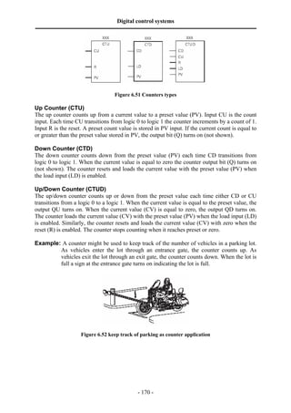 Digital control systems
‫ــــــــــــــــــــــــــــــــــــــــــــــــــــــــــــــــــــــــــــــــــــــــــــــــــــــــــــــــــــــــــــــــــــــــــــــــــــــــــــــــــــــــــــــــــــــــــــــ‬




                                                                    Figure 6.51 Counters types

Up Counter (CTU)
The up counter counts up from a current value to a preset value (PV). Input CU is the count
input. Each time CU transitions from logic 0 to logic 1 the counter increments by a count of 1.
Input R is the reset. A preset count value is stored in PV input. If the current count is equal to
or greater than the preset value stored in PV, the output bit (Q) turns on (not shown).

Down Counter (CTD)
The down counter counts down from the preset value (PV) each time CD transitions from
logic 0 to logic 1. When the current value is equal to zero the counter output bit (Q) turns on
(not shown). The counter resets and loads the current value with the preset value (PV) when
the load input (LD) is enabled.

Up/Down Counter (CTUD)
The up/down counter counts up or down from the preset value each time either CD or CU
transitions from a logic 0 to a logic 1. When the current value is equal to the preset value, the
output QU turns on. When the current value (CV) is equal to zero, the output QD turns on.
The counter loads the current value (CV) with the preset value (PV) when the load input (LD)
is enabled. Similarly, the counter resets and loads the current value (CV) with zero when the
reset (R) is enabled. The counter stops counting when it reaches preset or zero.

Example: A counter might be used to keep track of the number of vehicles in a parking lot.
        As vehicles enter the lot through an entrance gate, the counter counts up. As
        vehicles exit the lot through an exit gate, the counter counts down. When the lot is
        full a sign at the entrance gate turns on indicating the lot is full.




                                       Figure 6.52 keep track of parking as counter application




                                                                                       - 170 -
 