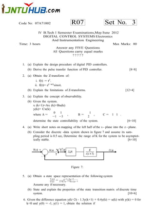 Code No: 07A71002                       R07                       Set No. 3
           IV B.Tech I Semester Examinations,May/June 2012
              DIGITAL CONTROL SYSTEMS Electronics
                   And Instrumentation Engineering
Time: 3 hours                                          Max Marks: 80
                      Answer any FIVE Questions
                   All Questions carry equal marks
                                ?????

  1. (a) Explain the design procedure of digital PID controllers.
     (b) Derive the pulse transfer function of PID controller.                       [8+8]

  2. (a) Obtain the Z-transform of:
            i. f(t) = t2 .
           ii. f(t)= e(−at) sinωt.
     (b) Explain the limitations of Z-transforms.                                 [12+4]

  3. (a) Explain the concept of observability.
     (b) Given the system.
         x (k+1)=Ax (k)+Bu(k)
         y(k)= Cx(k)
                        0    1                       1
         where A =                ,         B=          ,        C=    1 1 .
                       −1 −3                       2
         determine the state controllability of the system.                        [6+10]

  4. (a) Write short notes on mapping of the left half of the s - plane into the z - plane.
     (b) Consider the discrete -data system shown in figure 7 and assume its sam-
         pling period is 0.5 sec, Determine the range of K for the system to be asymptot-
         ically stable.                                                          [6+10]




                                        Figure 7:

  5. (a) Obtain a state space representation of the following system
                     Y (z)      z −1 +2z −2
                     U (z) = 1+0.7z −1 +0.12z −2
         Assume any if necessary.
     (b) State and explain the properties of the state transition matrix of discrete time
         system.                                                                   [10+6]

  6. Given the difference equation y(k+2) - 1.3y(k+1) + 0.4y(k) = u(k) with y(k) = 0 for
    k<0 and y(0) = -1, y(1) = 1, obtain the solution if
 