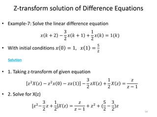 Z-transform solution of Difference Equations
• Example-7: Solve the linear difference equation
• With initial conditions 𝑥 0 = 1, 𝑥 1 =
5
2
• 1. Taking z-transform of given equation
• 2. Solve for X(z)
54
𝑥 𝑘 + 2 −
3
2
𝑥 𝑘 + 1 +
1
2
𝑥 𝑘 = 1(𝑘)
Solution
𝑧2
𝑋 𝑧 − 𝑧2
𝑥 0 − 𝑧𝑥 1 −
3
2
𝑧𝑋 𝑧 +
1
2
𝑋 𝑧 =
𝑧
𝑧 − 1
[𝑧2
−
3
2
𝑧 +
1
2
]𝑋 𝑧 =
𝑧
𝑧 − 1
+ 𝑧2
+ (
5
2
−
3
2
)𝑧
 
