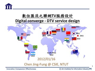 數位匯流之聯網TV服務設計
Digital converge - DTV service design
                                                                   2015

                                              2015 2012
                                                                    2012
          2009                        2009
                          2012 2009                       2015             2011
                                                                    2012
 2022
                                                          2015

        2019
                   2016

         2019                  South Africa                      2013
                                  2012
                 2019

                2012/01/16
        Chen Jing-Fung @ CSIE, NTUT                                                       1
                                                                                  (III)
 