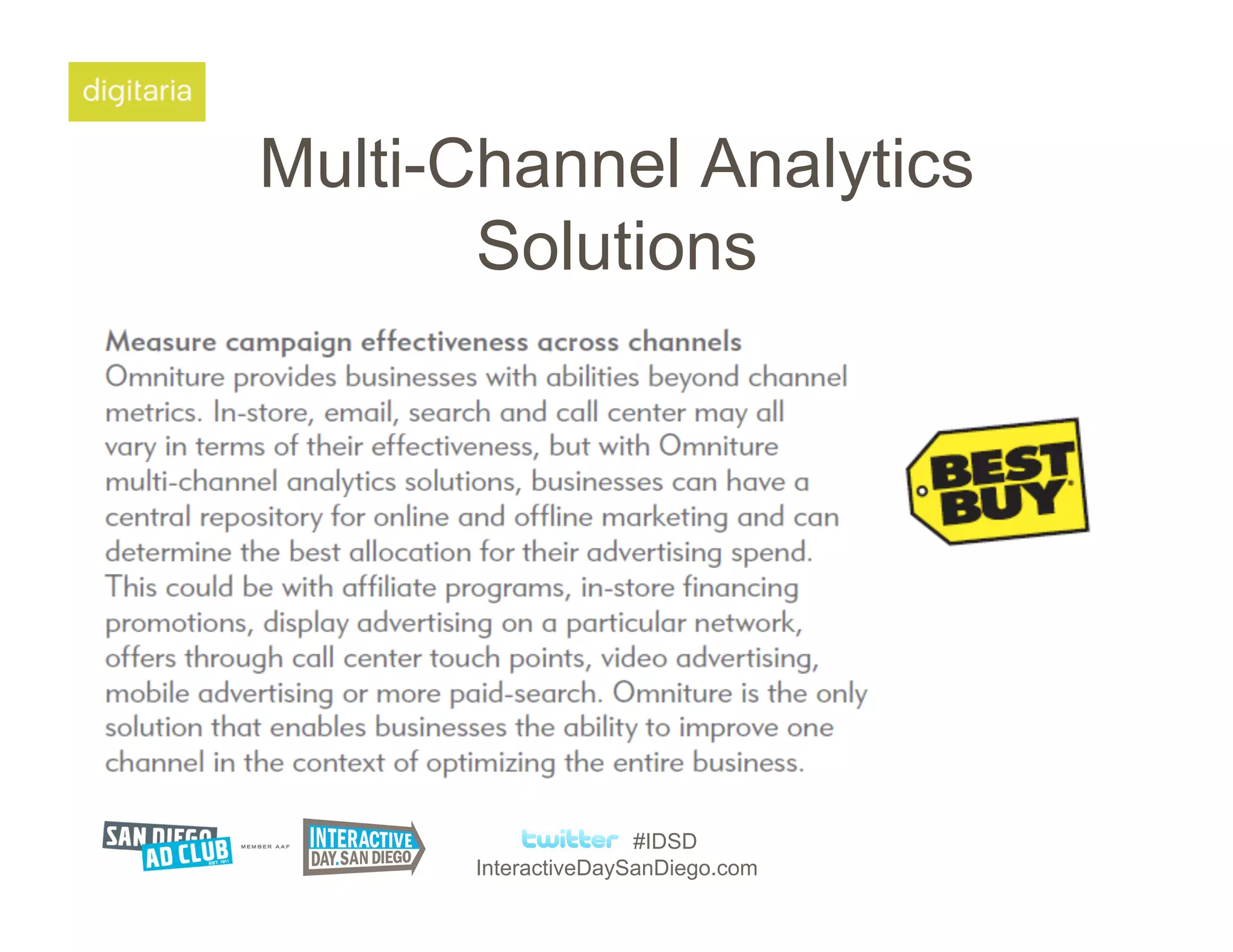 Multi-Channel Analytics
       Solutions




                     #IDSD
      InteractiveDaySanDiego.com
 