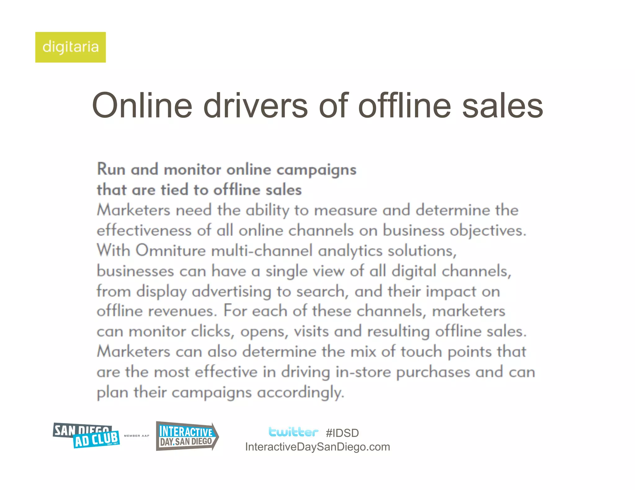 Online drivers of offline sales




                         #IDSD
          InteractiveDaySanDiego.com
 