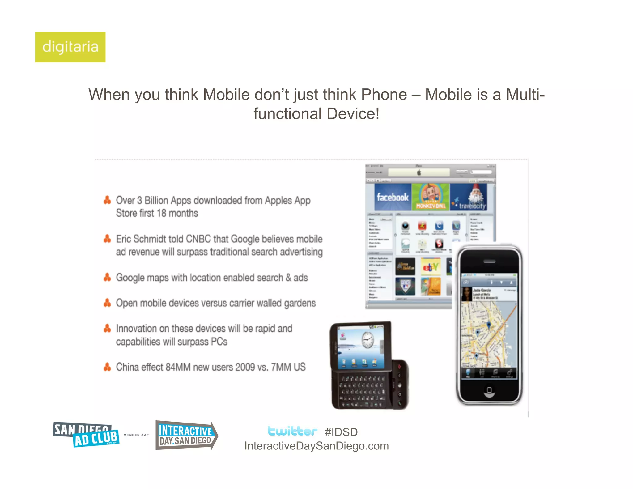 When you think Mobile don’t just think Phone – Mobile is a Multi-
                      functional Device!




                                     #IDSD
                      InteractiveDaySanDiego.com
 