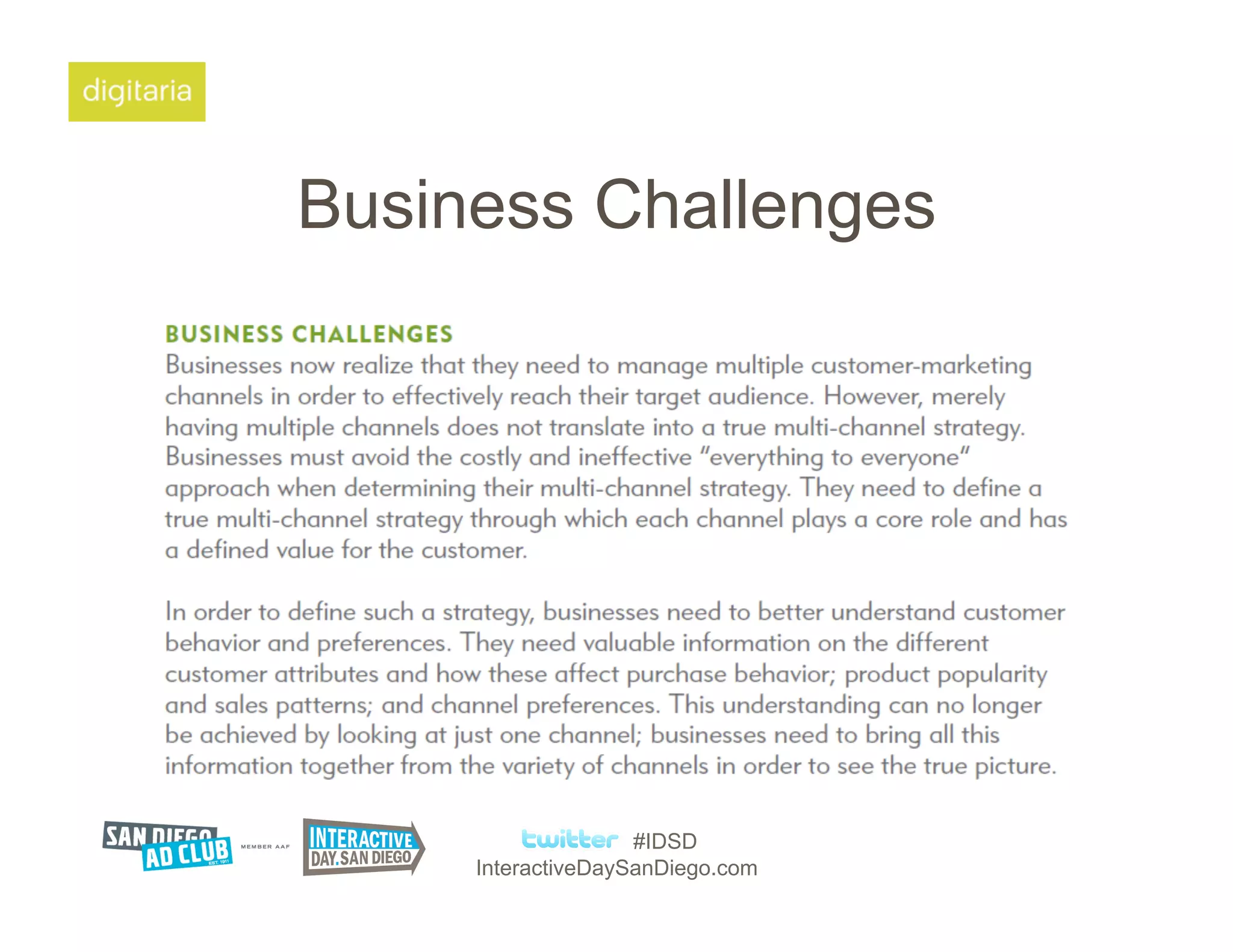 Business Challenges




                    #IDSD
     InteractiveDaySanDiego.com
 