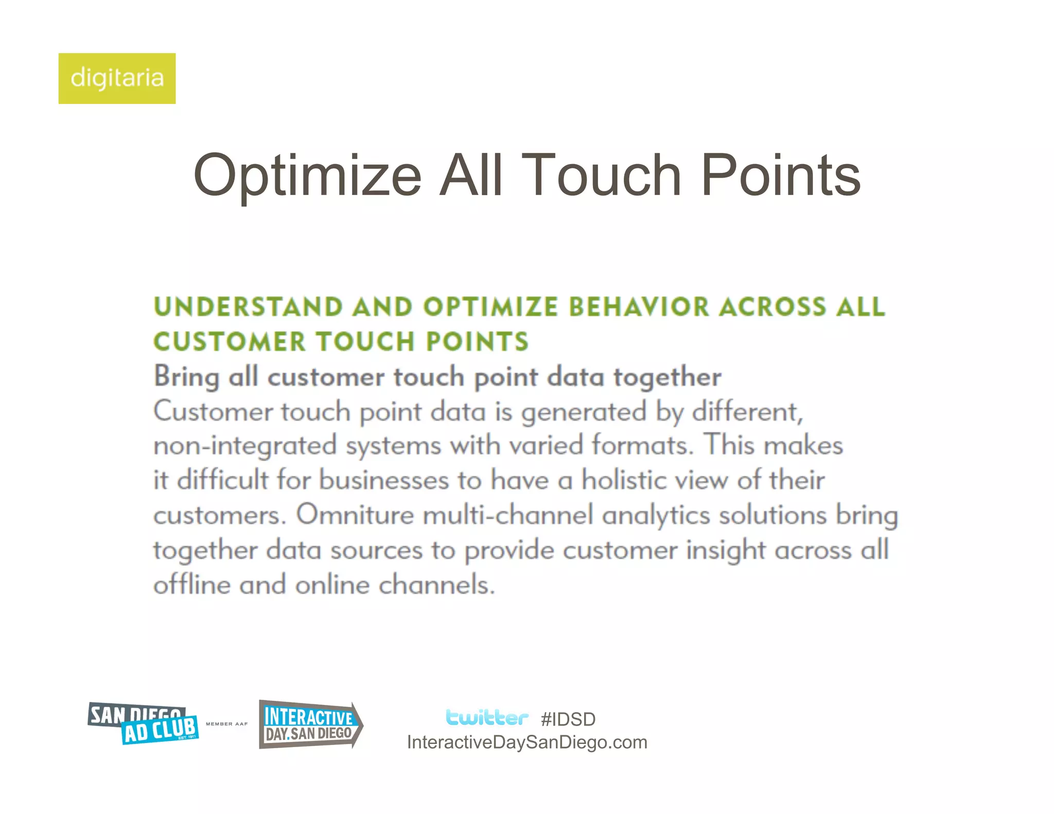 Optimize All Touch Points




                       #IDSD
        InteractiveDaySanDiego.com
 