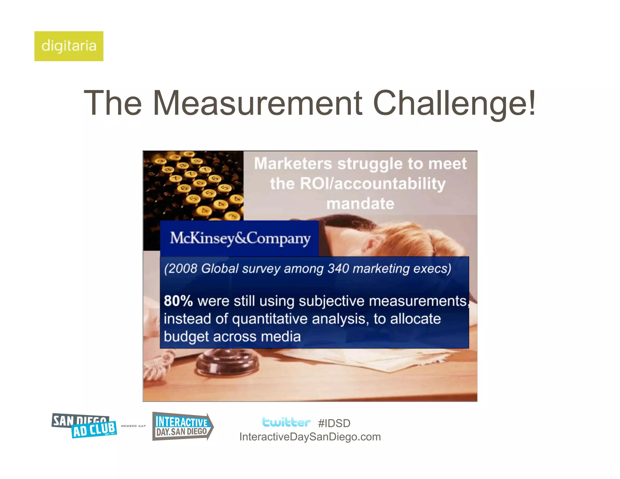 The Measurement Challenge!




                       #IDSD
        InteractiveDaySanDiego.com
 
