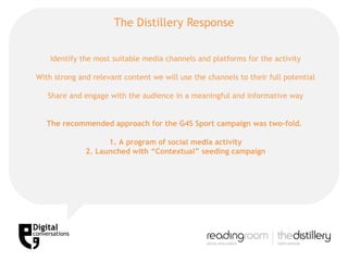 The Distillery Response Identify the most suitable media channels and platforms for the activity With strong and relevant content we will use the channels to their full potential Share and engage with the audience in a meaningful and informative way The recommended approach for the G4S Sport campaign was two-fold.  1. A program of social media activity 2. Launched with “Contextual” seeding campaign 