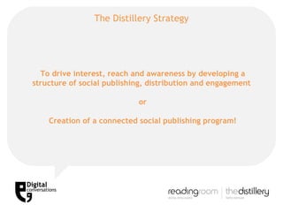 The Distillery Strategy To drive interest, reach and awareness by developing a structure of social publishing, distribution and engagement  or Creation of a connected social publishing program! 
