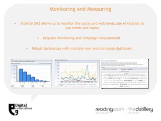 Monitoring and Measuring Alterian SM2 allows us to monitor the social and web landscape in relation to you needs and topics Bespoke monitoring and campaign measurement  Robust technology with multiple user and campaign dashboard 
