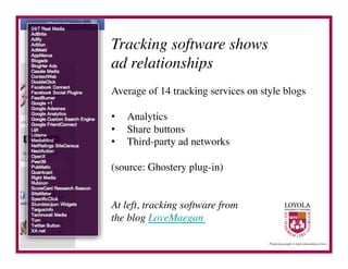 Tracking software shows 	

ad relationships	

Average of 14 tracking services on style blogs	


•    Analytics	

•    Share buttons	

•    Third-party ad networks	


(source: Ghostery plug-in)	



At left, tracking software from 	

the blog LoveMaegan	

 
