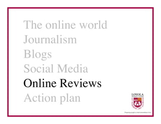 The online world	

Journalism	

Blogs	

Social Media	

Online Reviews	

Action plan	

 