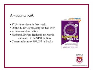 Amazon.co.uk	


•  47 5-star reviews in ﬁrst week.	

•  Of the 47 reviewers, only six had ever   	

•  written a review before	

•  Husband Sir Paul Ruddock net worth
         	

estimated to be $450 million	

•  Current sales rank #99,085 in Books	

 