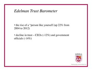 Edelman Trust Barometer	



•  the rise of a “person like yourself (up 22% from
2004 to 2012)	


•  decline in trust – CEOs (-12%) and government
ofﬁcials (-14%)	

 