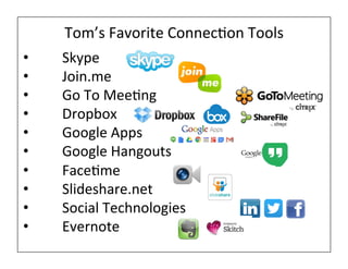 Tom’s 
Favorite 
Connec/on 
Tools 
• Skype 
• Join.me 
• Go 
To 
Mee/ng 
• Dropbox 
• Google 
Apps 
• Google 
Hangouts 
• Face/me 
• Slideshare.net 
• Social 
Technologies 
• Evernote 
 